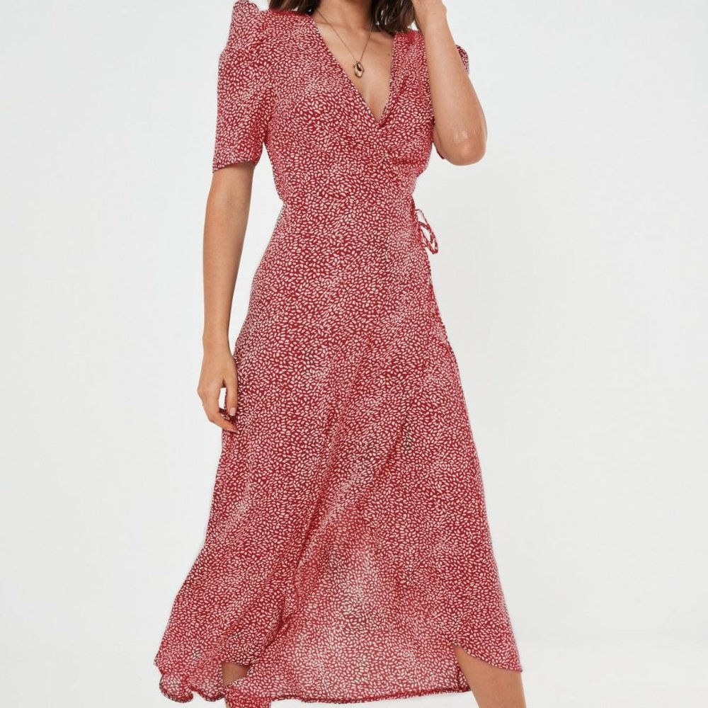 Red printed midi wrap dress